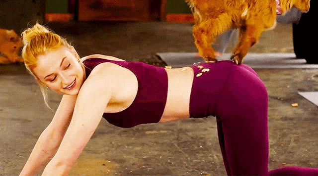 a woman in purple leggings is doing a yoga pose with a dog behind her