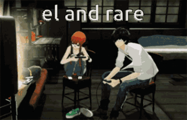 a man and a woman are playing a video game with the words el and rare written above them