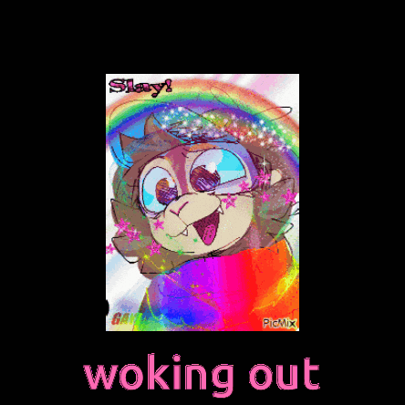 a picture of a cat with a rainbow and the words woking out below it