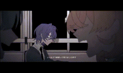 a man with purple hair and glasses is sitting in front of a window in a dark room .