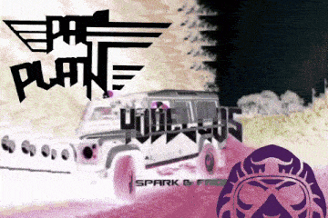 a poster for the plane shows a white van driving down a road