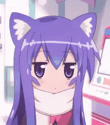 a cartoon girl with purple hair and cat ears