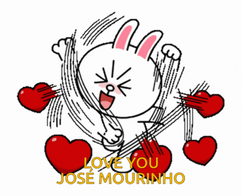 a cartoon rabbit is surrounded by red hearts and the words love you jose mourinho