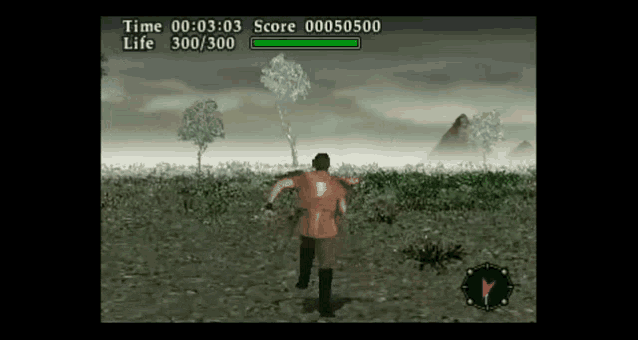 a video game screen shows a man running in a field with trees in the background and a score of 0000500