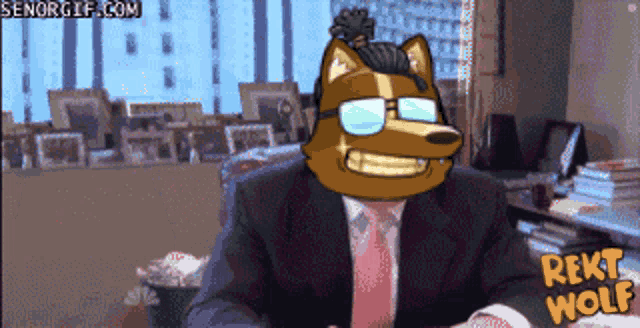 a cartoon of a man in a suit and tie with a wolf 's head on it
