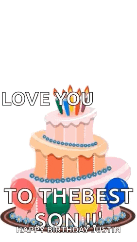 a birthday cake with balloons and candles and the words `` happy birthday love you to the best son ''