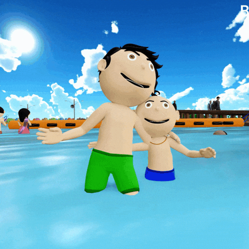 a cartoon of a man and a boy in a pool with the letter b on the bottom right