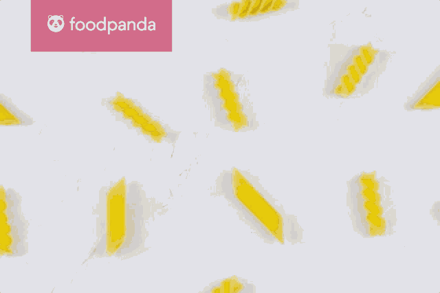 a pink foodpanda logo is behind a pile of yellow pasta