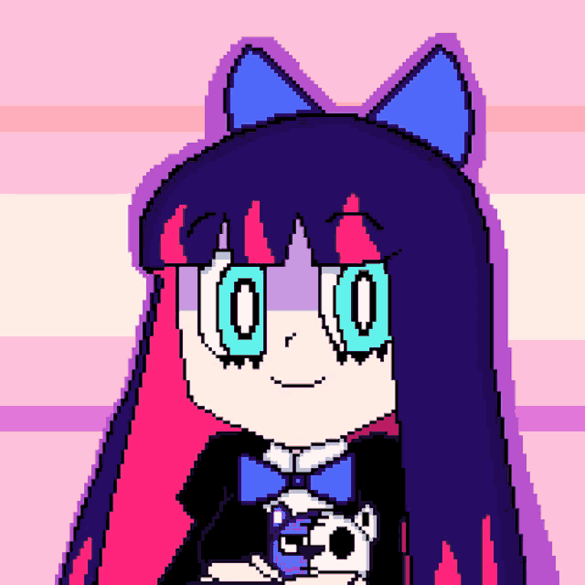 a pixel art drawing of a girl with purple hair and blue eyes