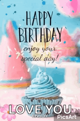 a happy birthday card with a cupcake and a sparkler .