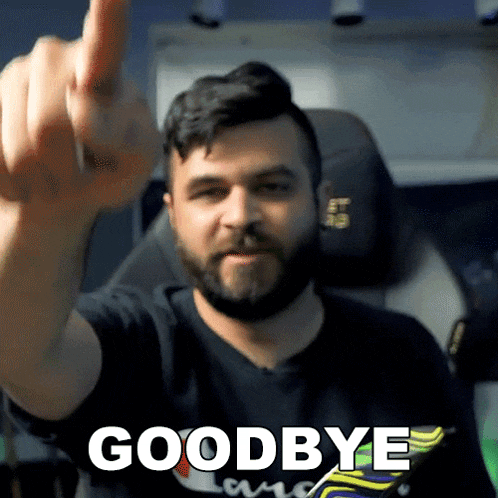 a man with a beard is giving the middle finger in front of the word goodbye