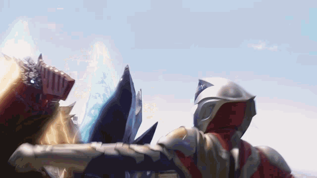 a man in a knight 's armor is standing next to a monster