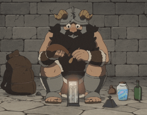 a cartoon drawing of a man wearing a horned helmet and holding a lantern