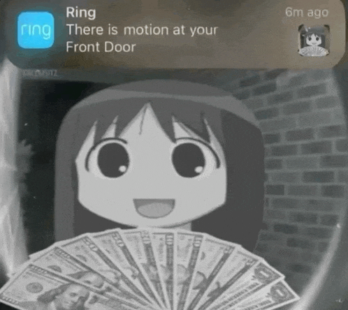 a picture of a girl holding a fan of money with a ring app notification