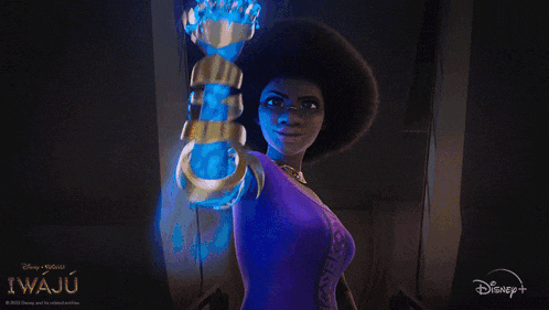 a disney + advertisement for iwaju shows a woman holding a glowing fist