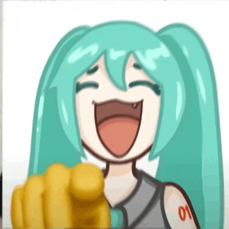 a cartoon of hatsune miku laughing and pointing at the camera .