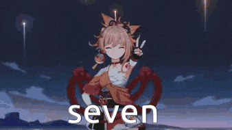 a girl is standing in front of a sunset and the word seven is on the bottom of the image .