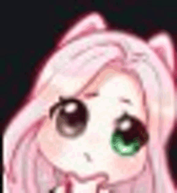 a close up of a cartoon girl with pink hair and green eyes on a black background .