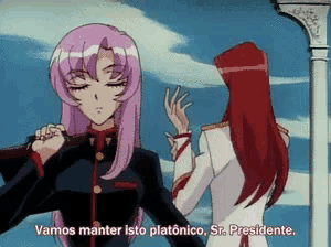 two anime girls are standing next to each other with vamos manter isto platonico sr. presidente