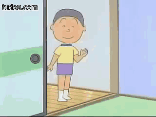 a cartoon of a boy standing in a doorway waving his hand
