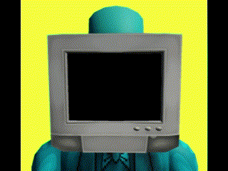 a cartoon character with a computer monitor instead of a head