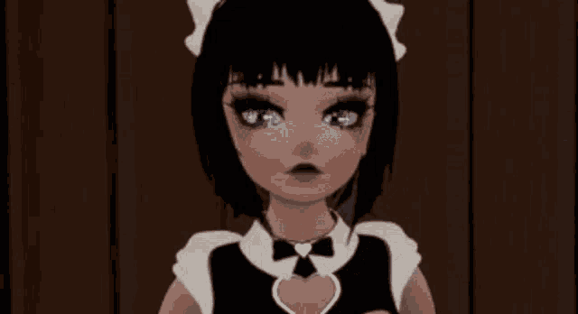 a cartoon girl with blue eyes and black hair is wearing a maid outfit .