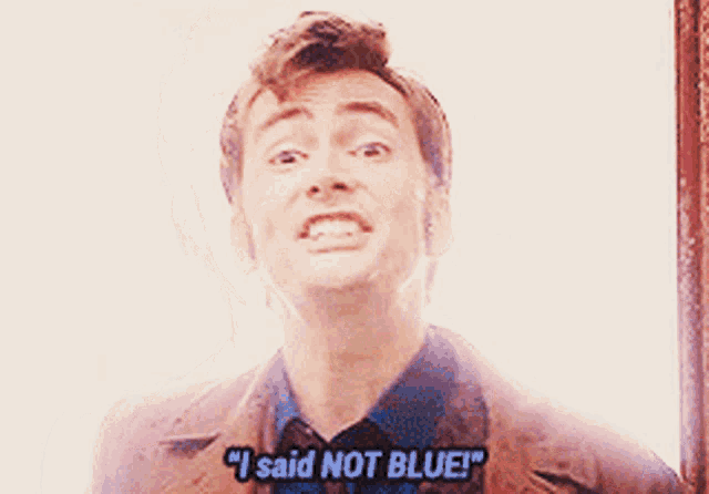 a man says " i said not blue " while wearing a brown jacket