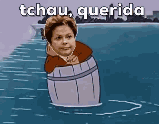 a cartoon of a woman in a barrel with the words tchau querida above her head
