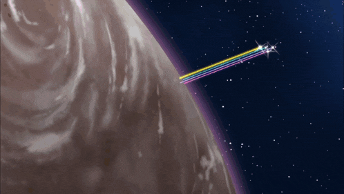 a rainbow colored jet flying over the earth