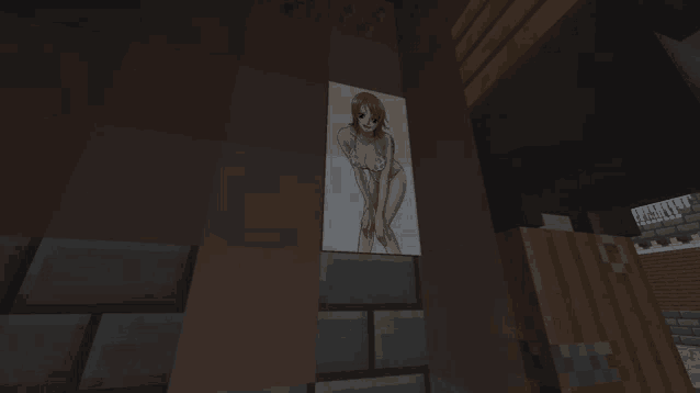 a picture of a woman in a bikini is on a wall in a dark room