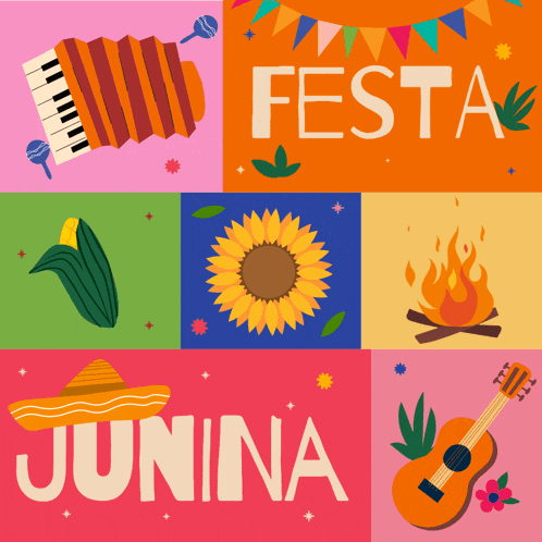 a colorful poster for festa junina with a guitar and a sunflower
