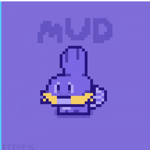 a pixel art drawing of a purple monster with the word mud below it