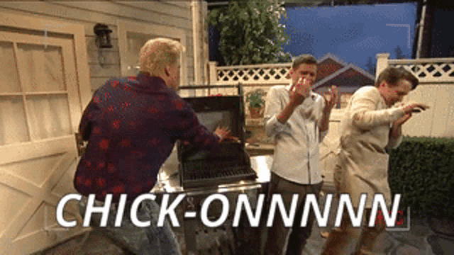 a group of men are dancing in front of a grill with the words chick-onnnn on the bottom