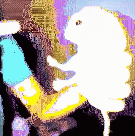 a pixel art painting of a person holding a flower