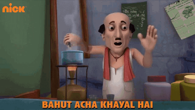 a cartoon character with the words bahut acha khayal hai on the bottom
