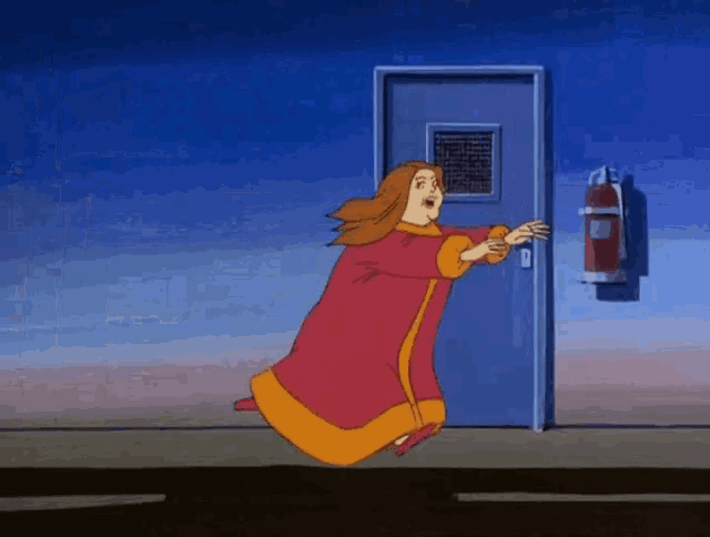 a cartoon woman is running towards a door with a fire extinguisher hanging on the wall behind her .