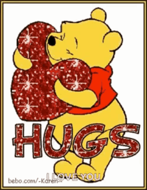a picture of winnie the pooh holding a heart with the words hugs