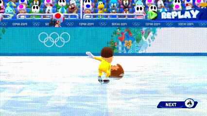 a video game screen shows a person ice skating in front of a crowd and says replay next