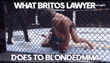 two men are wrestling in a cage and the caption says what britos lawyer does to blondedmma