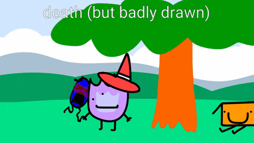 a cartoon character with a red hat and the words death ( but badly drawn ) on the bottom