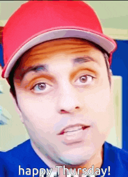 a man wearing a red hat and a blue shirt says " happy thursday "