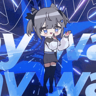 a cartoon girl is standing in front of a blue background with the letter v on it