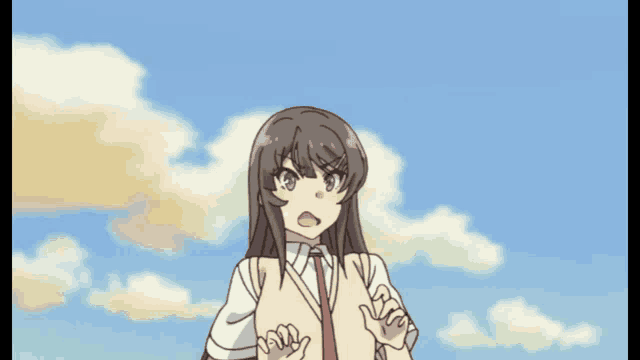 a girl with long hair and a tie stands in front of a blue sky with clouds