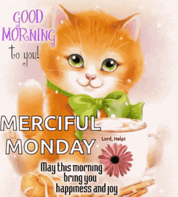 a cat is holding a cup of coffee with a flower on it and says good morning to you
