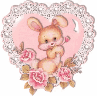 a pink heart with a bunny holding a flower in it