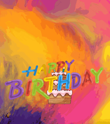 a colorful birthday greeting card with a cake and candles