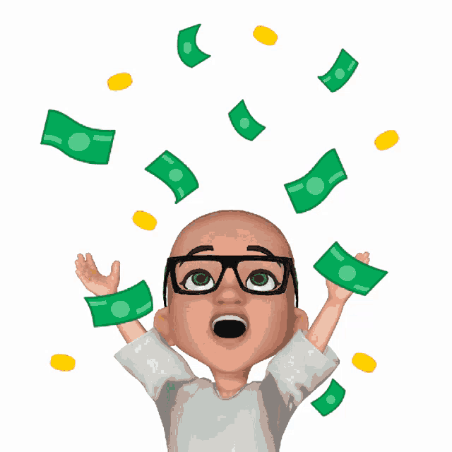a cartoon character with glasses and a bald head is surrounded by money