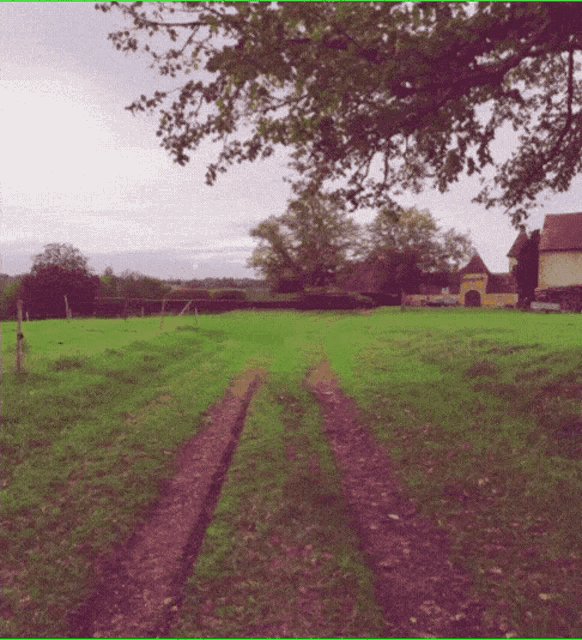 a dirt road winds through a grassy field with a house in the background