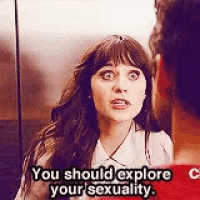 a woman is talking to a man in an elevator and says `` you should explore your sexuality . ''