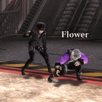 a man in a purple jacket is kneeling down next to another man in a black suit with the name flower on the bottom
